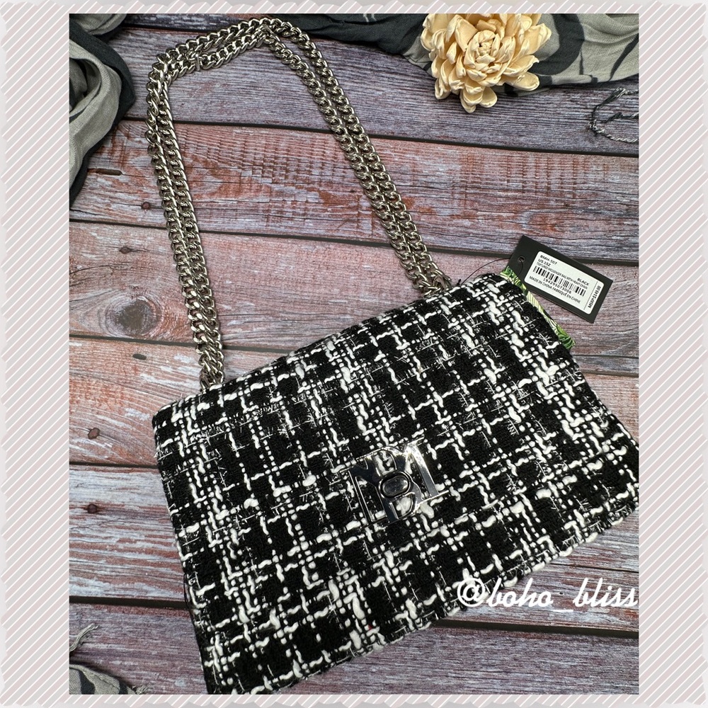 BADGLEY MISCHKA | Shimmer Tweed Adjustable Chain Strap Bag Black & White NWT